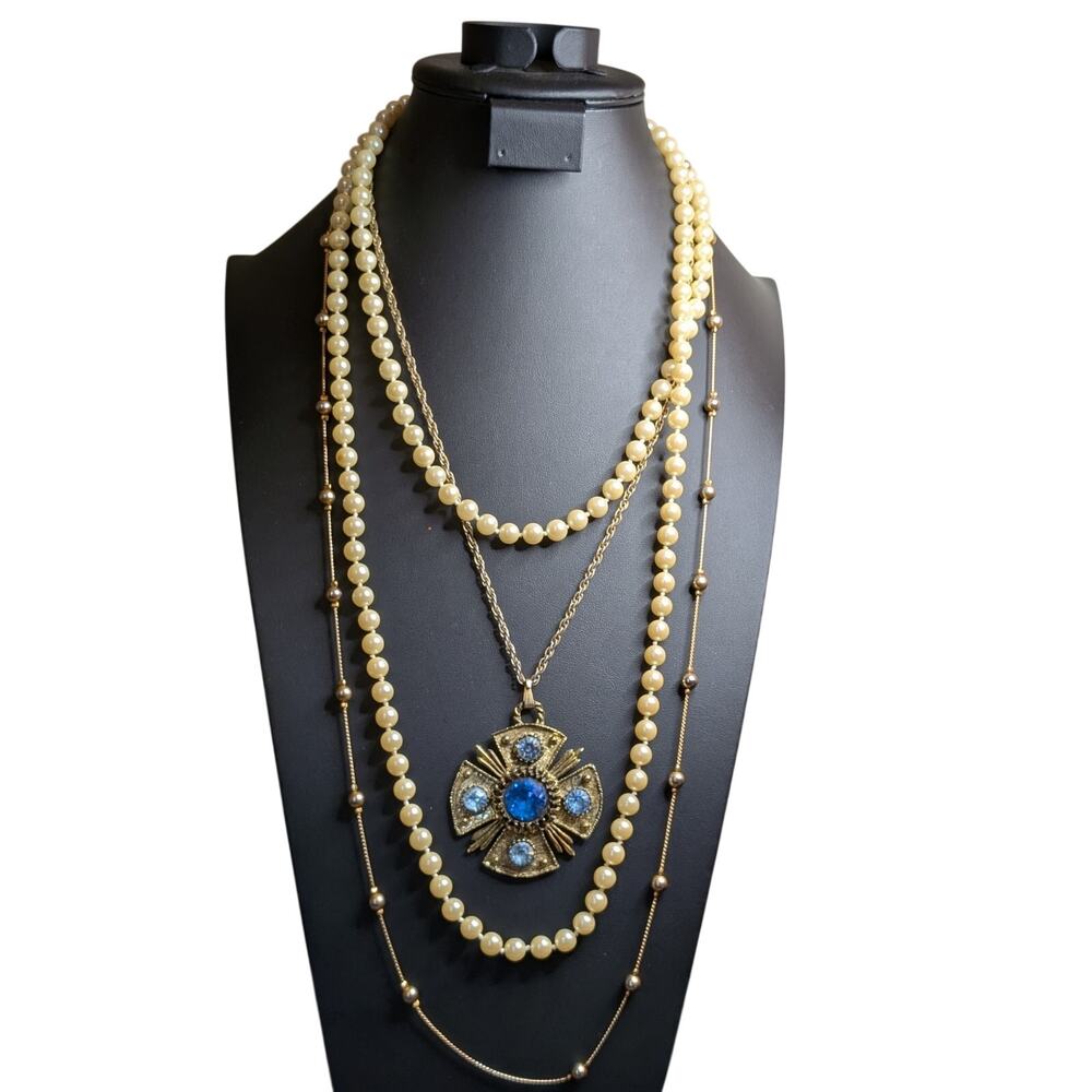 Lot of Three Layered Blue Rhinestone Faux Pearl Beaded Gold Tone Chain Necklaces